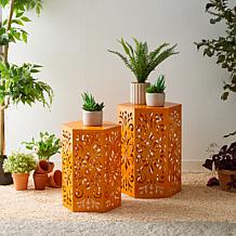 Multi-Functional Set of 2 Orange Iron Cutout Hexagonal Garden Stools