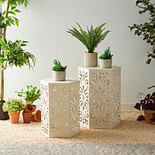 Multi-Functional Set of 2 White Iron Hexagonal Garden Stools