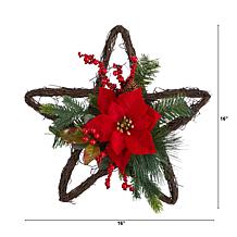 Nearly Natural 16” Holiday Christmas Poinsettia Star Twig Wreath