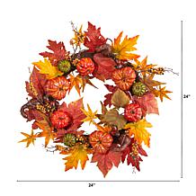 Nearly Natural 24” Autumn Pumpkin and Berries Artificial Fall Wreath