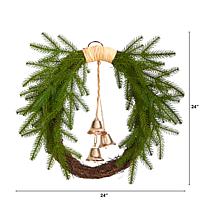 Nearly Natural 24” Holiday Christmas Pine and Hanging Bells Wreath