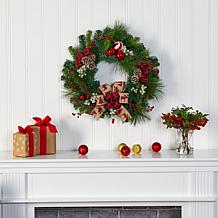 Nearly Natural 24 in. Christmas Artificial Wreath with Ornaments