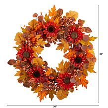 Nearly Natural 30” Fall Acorn, Sunflower, Berries and  Foliage  Wreath