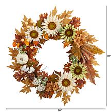 Nearly Natural 30”  Sunflower, White Pumpkin and Berries  Fall Wreath