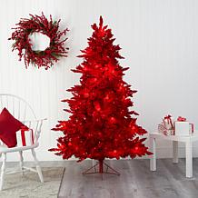 Nearly Natural 6' Red Flocked Fir Artificial Tree with 350 Red Lights