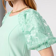 Nina Leonard 3D Floral Mesh Bubble Sleeve Sheath Dress