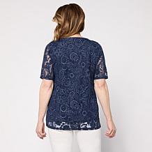 Nina Leonard Burnout Knit Elbow Sleeve Necklace Top 