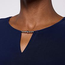 Nina Leonard Elbow-Sleeve Top with Notch Neck
