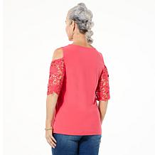 Nina Leonard Lace Sleeve Cold Shoulder Top