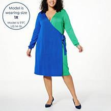 Nina Leonard Long-Sleeve Colorblock Wrap Dress