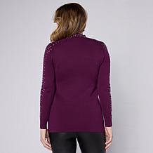 Nina Leonard Long-Sleeve Mock-Neck Embellished Sweater Top
