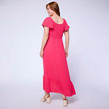 Nina Leonard Midi Length Smocked Flutter Sleeve Dress