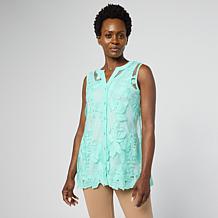 Nina Leonard Embroidered Mesh Tie Front Kimono Top | HSN