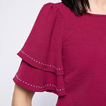 Nina Leonard Round Neck Double Flutter Sleeve Top