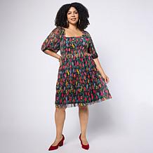 Nina Leonard Smocked Bodice Bubble-Sleeve Dress