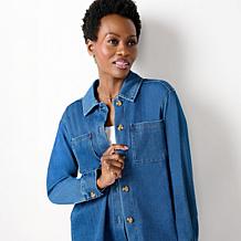 Nina Leonard Stretch Knit Denim Collared Shirt