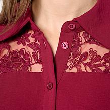 Nina Leonard Textured Wave and Embroidered Mesh Top