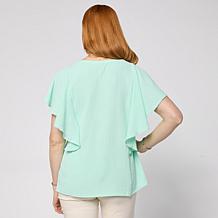 Nina Leonard Textured Wave Flutter-Sleeve Mandarin Collar Blouse