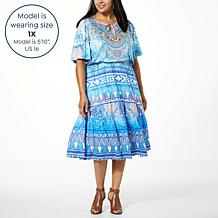 One World Printed Jersey Knit Flutter-Sleeve Maxi Dress