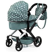 Pram XEO Doll Stroller in Green & White, Adjustable Handle