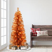 Puleo International 4.5' Pre-lit Orange Tinsel Tree w/ 70 Clear Lights