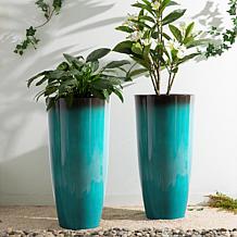 Set of 2 Oversized Gradient Turquoise Faux Ceramic Plastic Planters