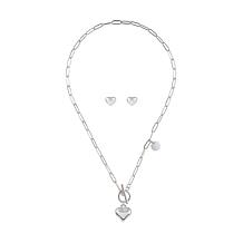 Stately Steel Heart Toggle Necklace and Puffed Heart Earring Set