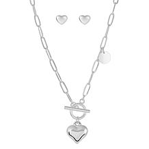 Stately Steel Heart Toggle Necklace and Puffed Heart Earring Set