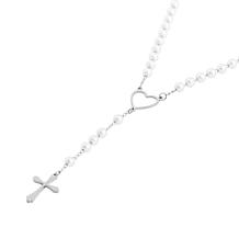 Stately Steel Pearl Heart Cross Rosary Necklace