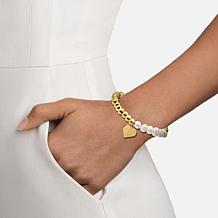 Stately Steel Simulated Pearl Beaded Heart Drop 7" Bracelet