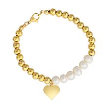 Stately Steel Simulated Pearl Beaded Heart Drop 7" Bracelet
