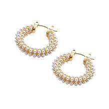 Stately Steel Small Faux Pearl Hoop Earrings