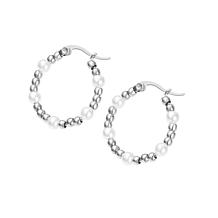Stately Steel Stainless Steel Simulated Pearl Bead Hoop Earrings