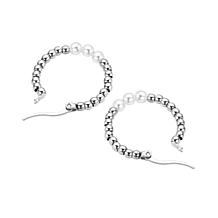 Stately Steel Stainless Steel Simulated Pearl Bead Hoop Earrings