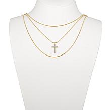 Stately Steel Stainless Steel Three Strands CZ Cross Pendant Necklace