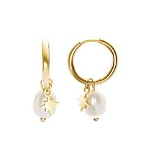 Stately Steel Star Faux Pearl Charm Hoop Earrings