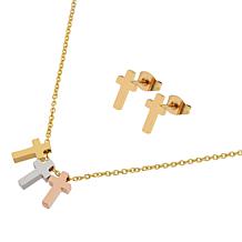 Stately Steel Tri-Color Cross Necklace and Earrings Set