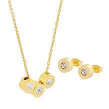 Stately Steel Triple Bezels Necklace and Earrings