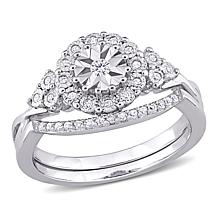 Sterling Silver 0.21ctw Diamond Halo Bridal Ring 2-piece Set