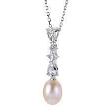 Sterling Silver 8-9mm Cultured Pearl and Created Sapphire Necklace