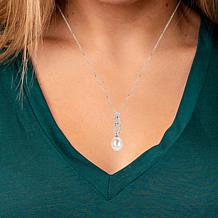 Sterling Silver Pearl and Created White Sapphire Link Drop Necklace