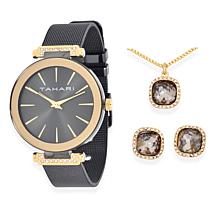 Tahari Goldtone and Black Women's Crystal Watch and Jewelry Set