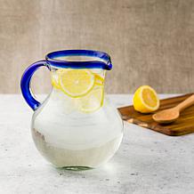 Ten Strawberry Street Handblown Mexican Glass Cobalt Rim Pitcher 