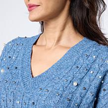 TWRHLL by Christie Brinkley Embellished Cable Knit Sweater