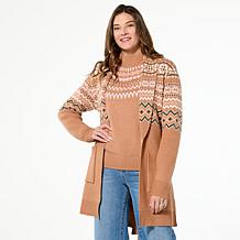 TWRHLL by Christie Brinkley Fair Isle Sweater Knit Belted Coatigan