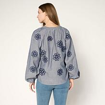 TWRHLL by Christie Brinkley Floral Applique Long Sleeve Split Neck Top