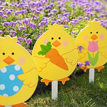 Wooden 3-piece Easter Chick Pick Yard Stakes