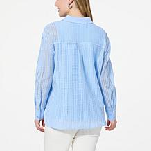 WynneCollection Woven Crochet Button-Down Shirt