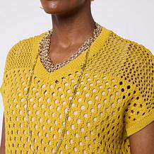 WynneLayers Cap-Sleeve Open-Stitch V-Neck Sweater