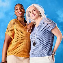 WynneLayers Cap-Sleeve Open-Stitch V-Neck Sweater